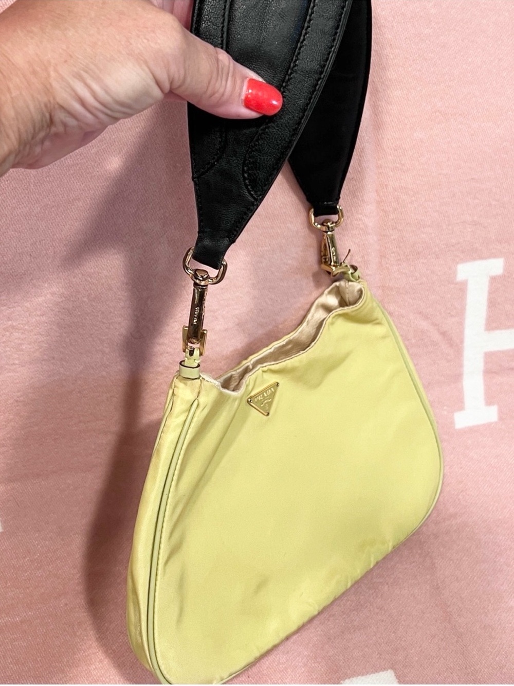 PRADA🌟Neon Yellow/green NO STAINS! Nylon Shoulder Bag. Black leather Prada add - Picture 5 of 13